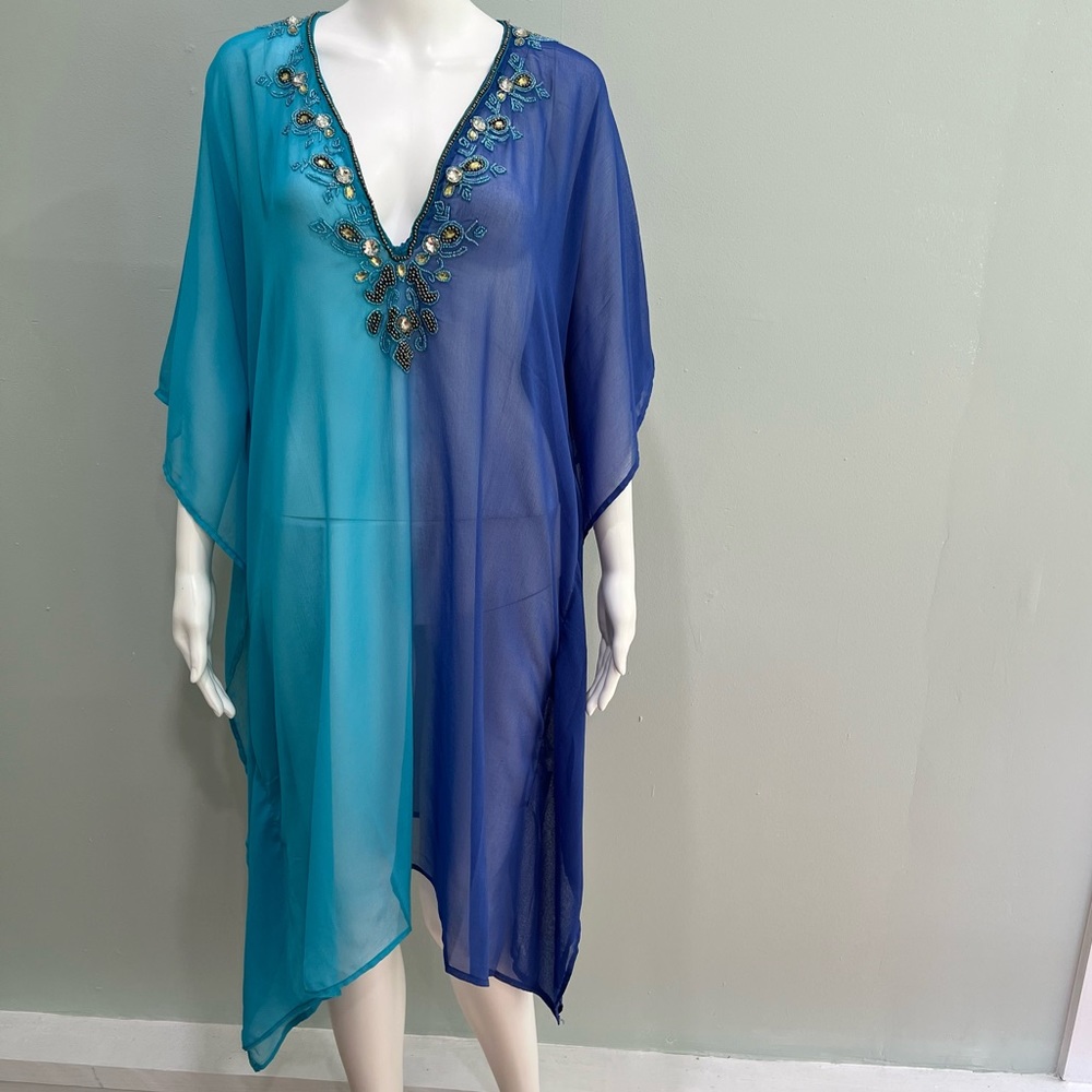 True Colors La Moda Hindu Poncho Caftan Dress Sheer Cover Up Beaded Reso…